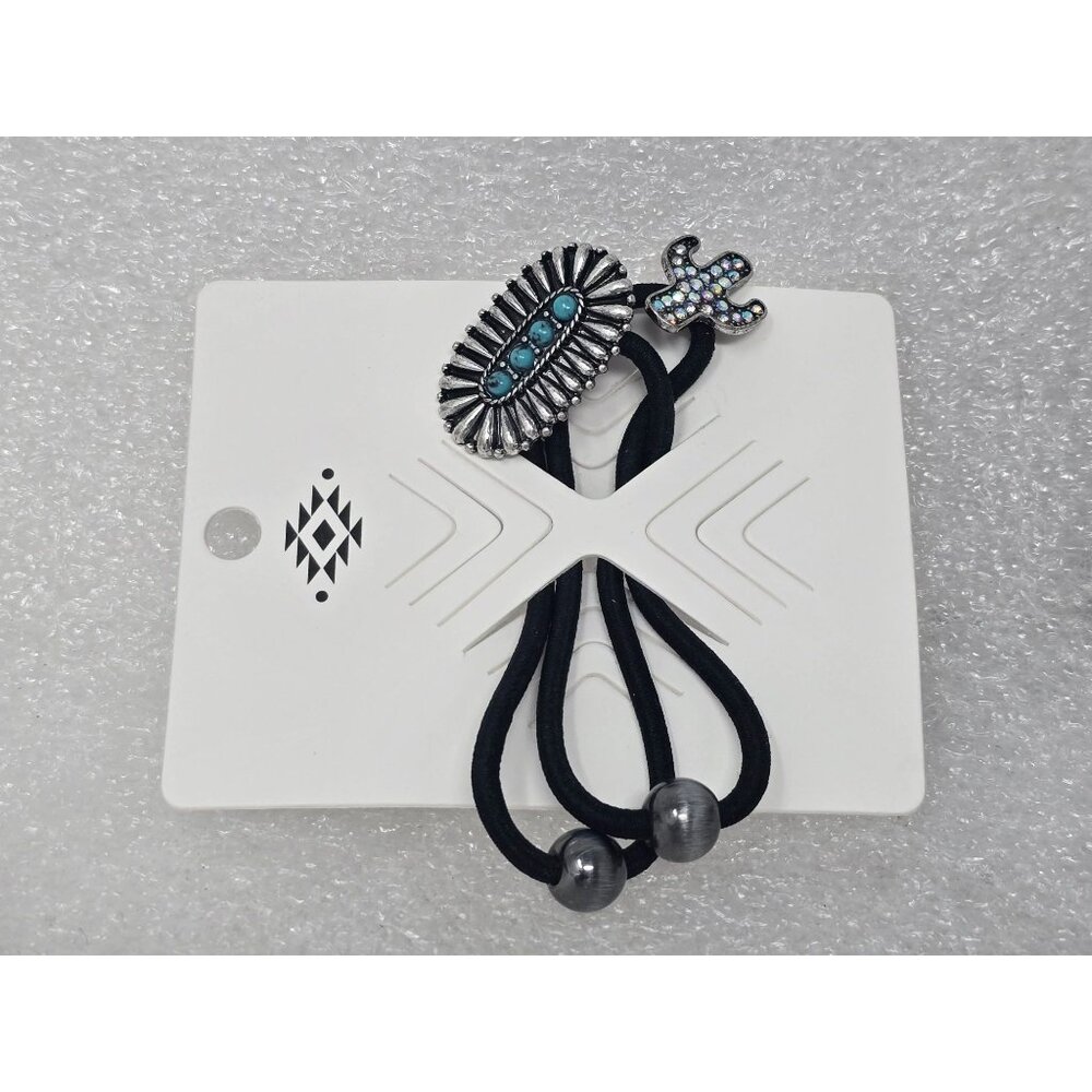 Western Style Faux Turquoise & Rhinestone Hair Ties Ponytail Holders Cactus